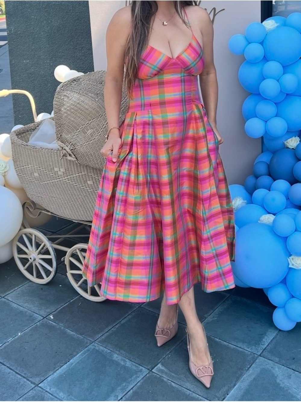Isaac Mizrahi Pink and Green Plaid Midi Dress